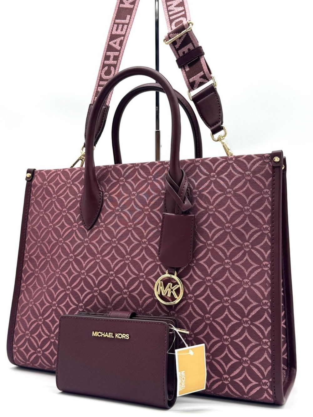 Michael Kors Medium Mirella Tote Bag & Matching Bifold Zip Chain Wallet Ox Blood